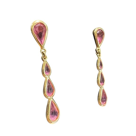 Vintage Monet Gold-Tone Pink Teardrop Dangle Earrings - Picture 5 of 11